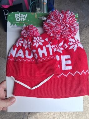 Play On Red & White Pom Pom Knit Hat Set For dog and human!!
